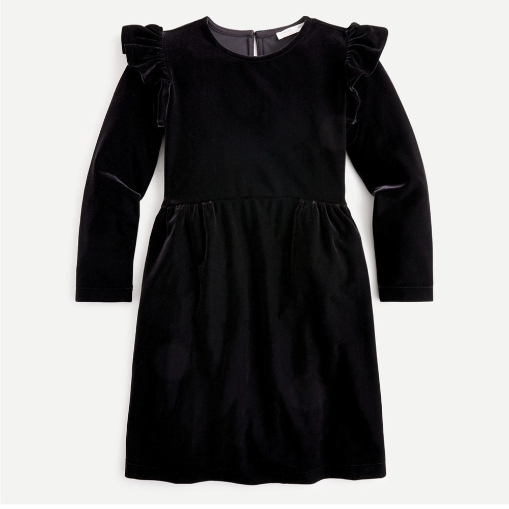 Crewcuts Ruffle Shoulder Long Sleeve Black Velvet Dress